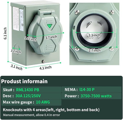 30 AMP Generator Inlet, NEMA L14-30P Power Inlet Box, 4-PRONG Waterproof Generator Power Inlet Box