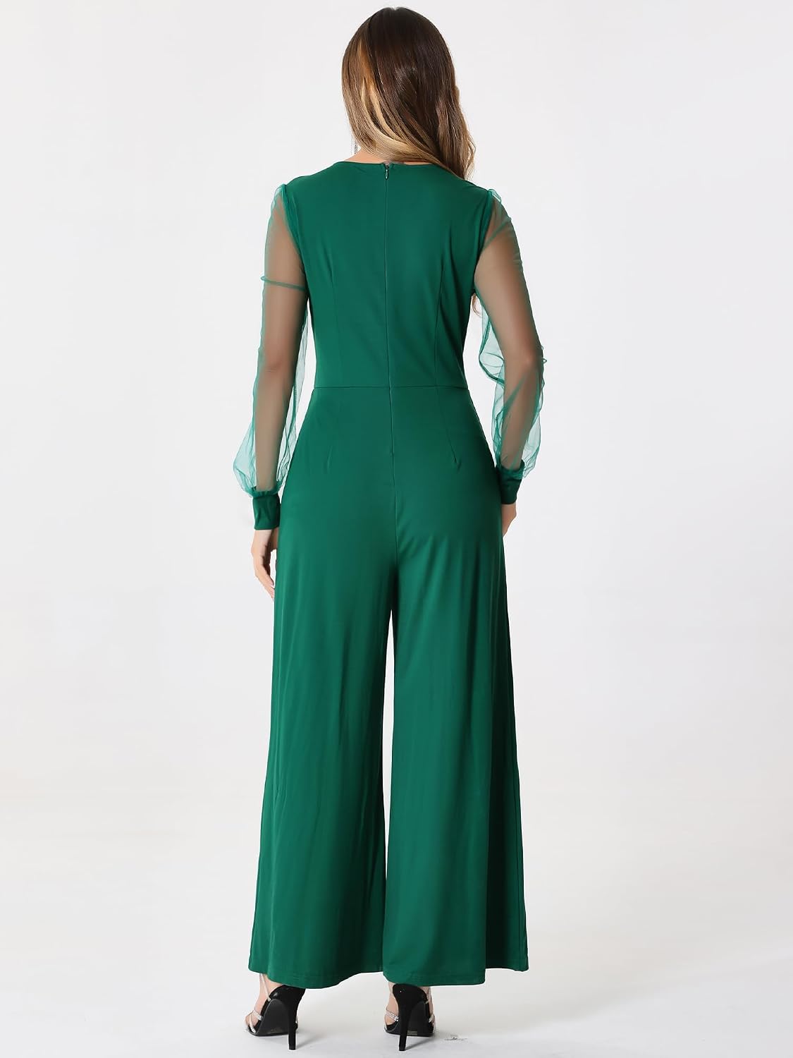 Color Black - Allegra K Women's Elegant V Neck Mesh Long Sleeve Loose Wide Leg Romper Party Jumpsuits