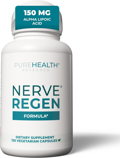 PUREHEALTH RESEARCH Nerve Regen Formula - Nerve Support Supplement for Feet & Hands - with Alpha Lipoic Acid ALA, Benfotiamine, Acetyl L-Carnitine, Riboflavin, Vitamin B6, B12, D3 & More- 60 Capsules