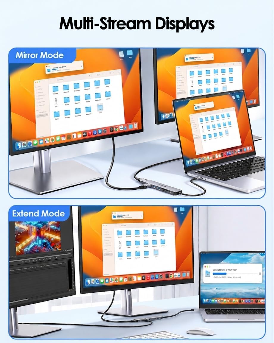 Dual Monitor Docking Station, 4K@60Hz USB C to HDMI Adapter, Laptop Docking Station with PD 100W, 5Gbps USB-A*2 Ports, SD/Micro Card Reader for 2025-2016 MacBook Pro, 2025-2018 MacBook Air