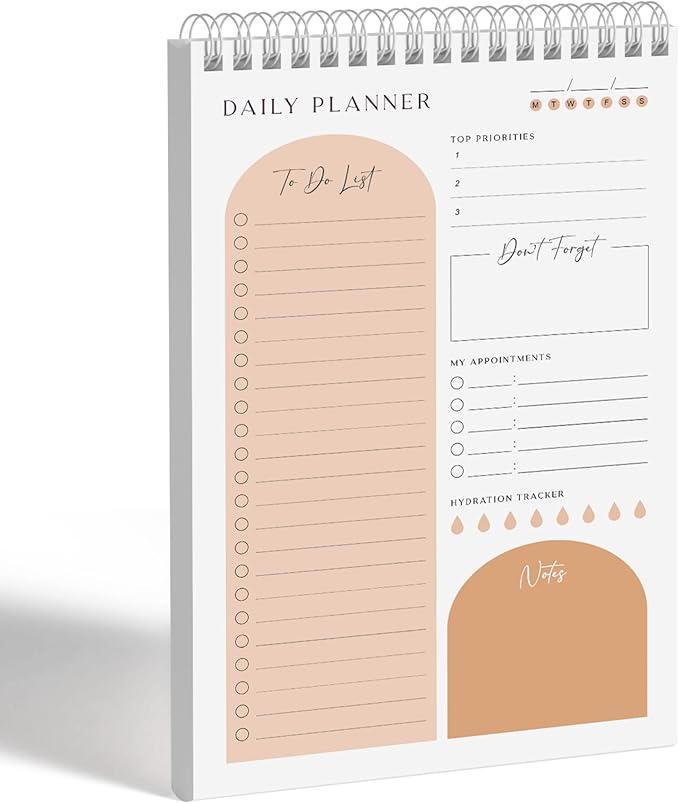 Daily Planner To Do List Notepad 60 Undated Pages,Apricot,Twin-ring Spiral Bindling 6x9 Inch Desktop Daily Planning Notepad with Protective Cover,Notebook for Daily Tasks, Water Intake, Habit Tracker