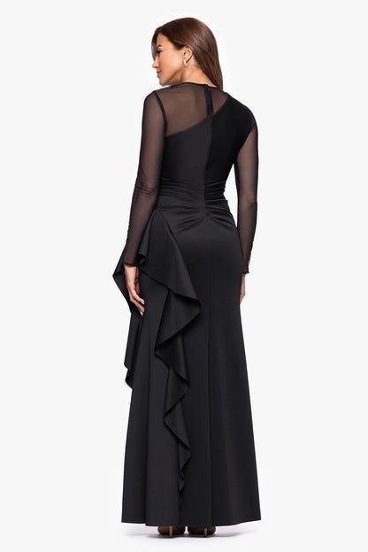 Xscape Women's Scuba Crepe Illusion Neck Mesh Sleeve Ruffle Floor Length Dress.