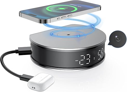 LIZVIE Charger with 15W Fast Wireless Charging, Smart Camera APP Control, Real-Time View 1080PHD,Motion Detection Night Vision, Screen Brightness Adjustment, Hidden Camera Alarm Clock