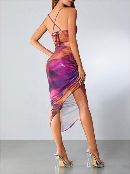 SOLY HUX Women's Tie Dye Cowl Neck Split Hem Bodycon Cami Dress Backless Long Dresses
