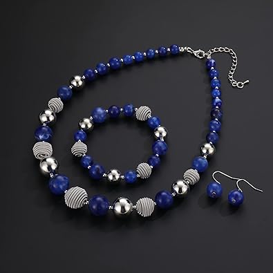 PEARLCLUB Beaded Chunky Statement Necklace Earring and Bracelet Set Silver Metal Bead Fashion Jewelry Set Mothers Day Gifts for Women