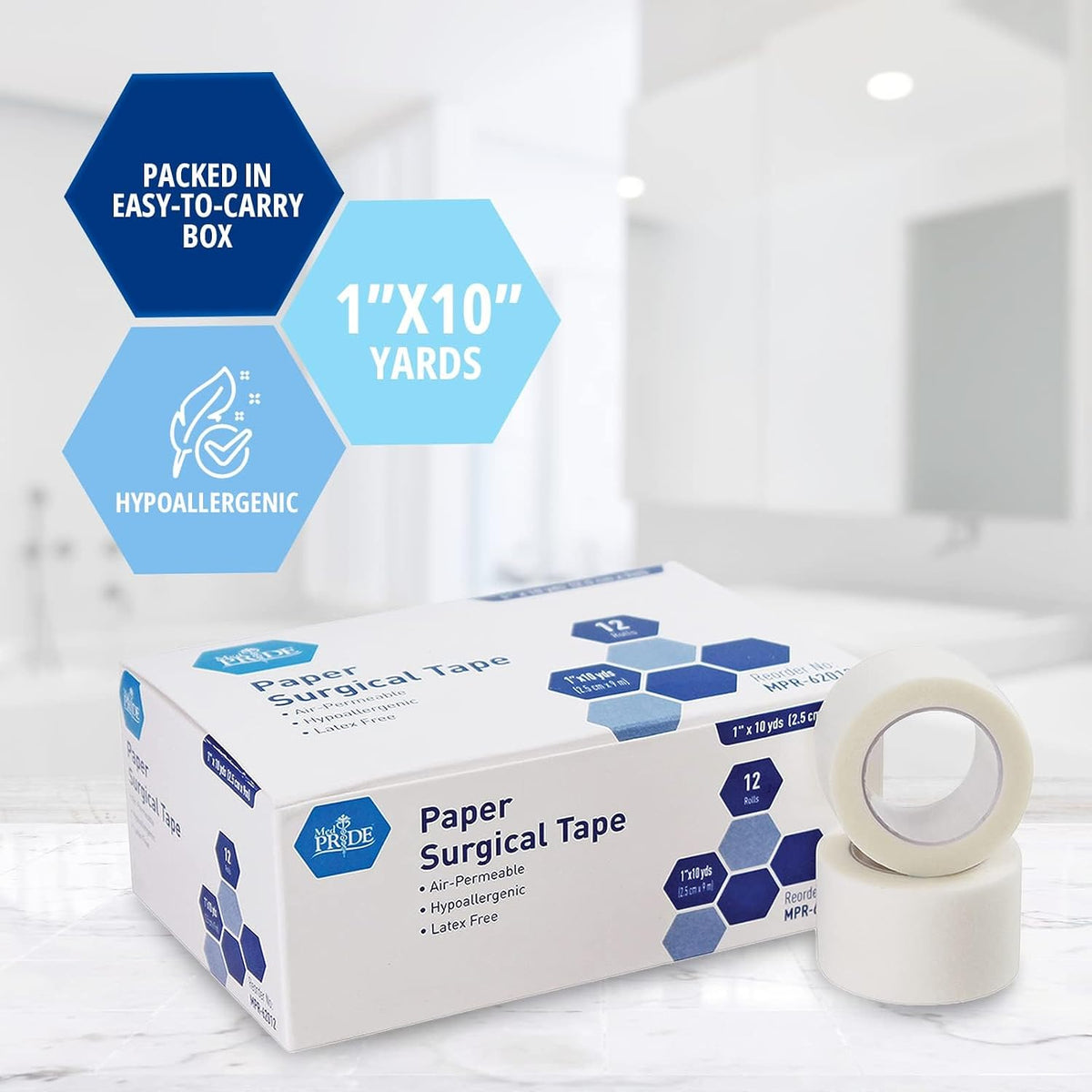 MED PRIDE Paper Surgical Tape,1 in x 10 yd,Hypoallergenic,Latex-Free,12-Pk