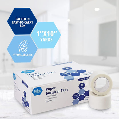 MED PRIDE Paper Surgical Tape,1 in x 10 yd,Hypoallergenic,Latex-Free,12-Pk