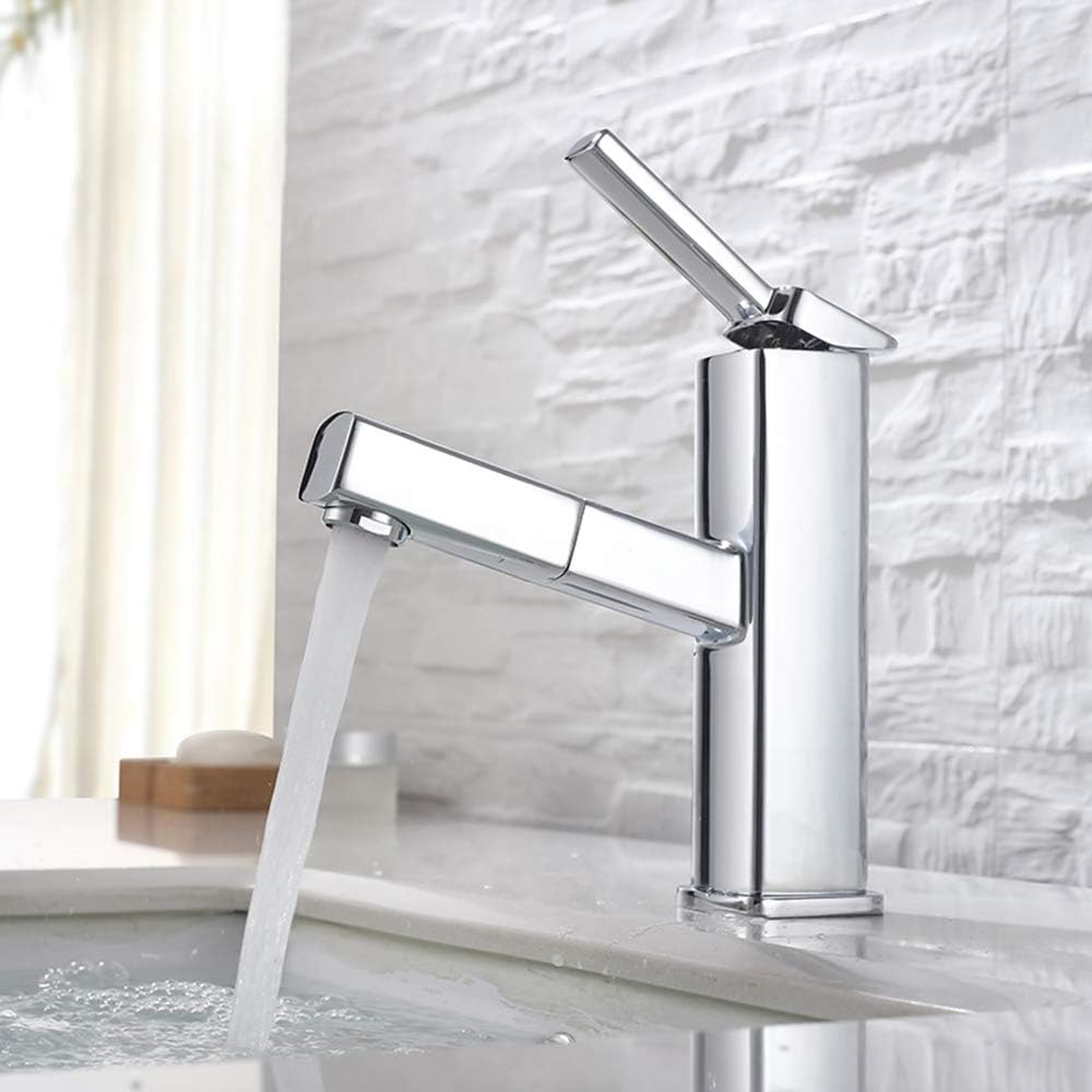 Bathroom Sink Faucet with Pull Out Sprayer, Single Handle Basin Mixer Tap for Hot and Cold Water, Lavatory Pull Down Sink Faucet with Rotating Spout (Regular, Chrome)