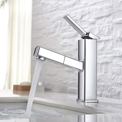 Bathroom Sink Faucet with Pull Out Sprayer, Single Handle Basin Mixer Tap for Hot and Cold Water, Lavatory Pull Down Sink Faucet with Rotating Spout (Regular, Chrome)