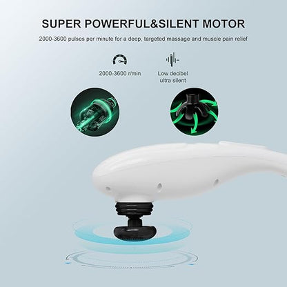 MEGAWISE Cordless Handheld Back Massager w/Rechargeable 3200mAh Battery, 5 Speed and 5 +2 Massage Nodes with Hard, Medium and 2 Soft Silicone Nodes; Massage While Moving Around (Pearl White)