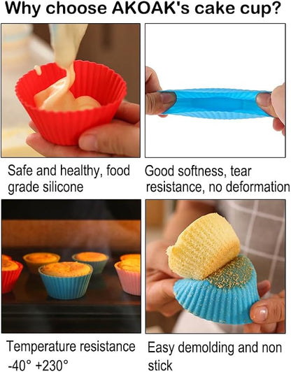 AKOAK Reusable Silicone Non-stick Baking Cups, Cake Molds, Kitchen Baking Cooking Accessories, DIY Cake Making Tools - Pack of 12 (Blue)