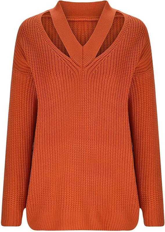 Women's Cut Out V Neck Knit Sweater Jumper Oversized Casual Long Sleeve Fall Pullover Tops