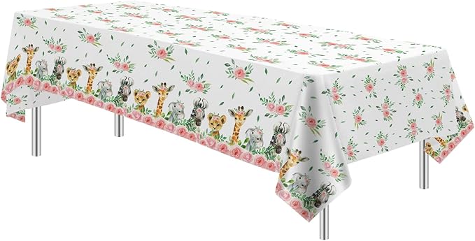 Safari Tablecloth for Girls - Disposable Jungle Party Tablecover Supplies, Jungle Animal Safari Theme Birthday Baby Shower Table Cloth Decorations - 4 Pack (54in x 108in)