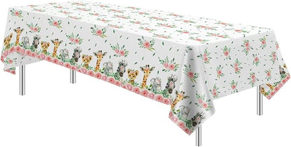 Safari Tablecloth for Girls - Disposable Jungle Party Tablecover Supplies, Jungle Animal Safari Theme Birthday Baby Shower Table Cloth Decorations - 4 Pack (54in x 108in)