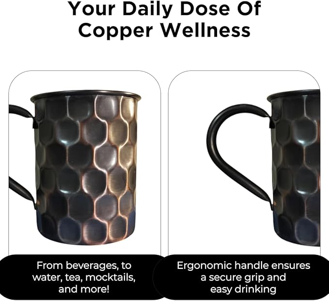 Premium Ayurvedic Copper Mug With Handle- 16OZ473ML Pack of 1 Black Honeycomb Design  100 Pure Copper Moscow Mule Mugs For Drinking  Party Mugs  Drink Ware  Mugs for Drinks