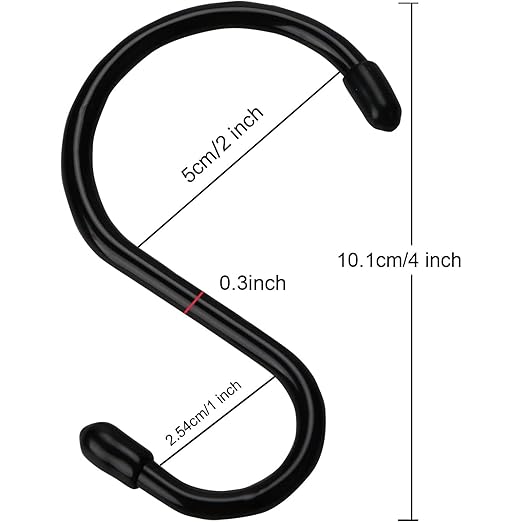 12 Pack 4 inch Vinyl Coated S Hooks with Rubber Stopper Non Slip Heavy Duty S Hook, Metal Steel Black Rubber Coated Closet S Hooks for Hanging Jeans Plants Jewelry Towels Pot Pan Cups