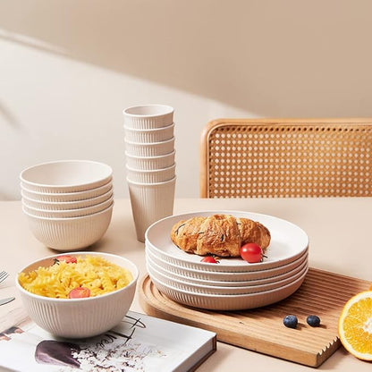 12pcs Wheat Straw Dinnerware Sets HXYPN Unbreakable Reusable Dinnerware Set Kitchen Cups Plates and Bowls Sets Dishwasher Microwave Safe Plates
