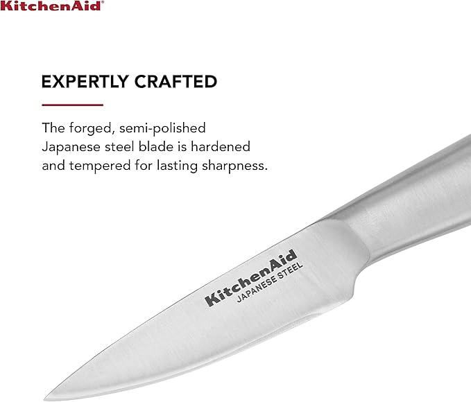 KitchenAid Gourmet Forged Stainless Steel Paring Knife with Custom-Fit Blade Cover, 3.5-inch, Sharp Kitchen Knife, High-Carbon Japanese Stainless Steel Blade, Brushed Stainless Steel Handle
