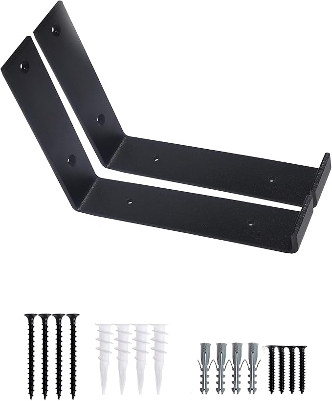 Shelf Brackets 2 Pack Heavy Duty Floating 7.25" L x 6.0" H x 1.5" W Black Metal Shelves Wall Mounted Rustic Iron J Shelf Brackets with Lip for DIY Open Shelving Brackets