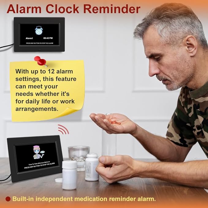 AINFTIME Digital clock with date and day of the week for the elderly-12 alarms, medication reminder, dementia, Alzheimer's, calendar with extra large screen (7 inches, black)