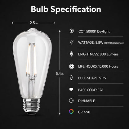 Feit Electric ST19 Vintage Edison LED Light Bulb, 60W Equivalent, Dimmable, 5000K Daylight, 800 Lumens, E26 Base, Retro Filament Light Bulbs, 15,000-Hour Lifetime, ST1960/CL/950CA/2/4, 8 Pack