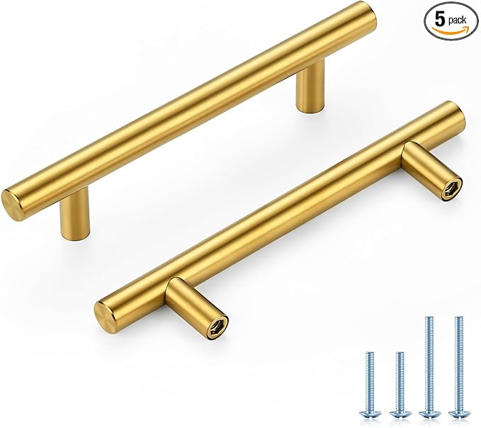 Brushed Brass Cabinet Handles 4 Inch Hole Spacing, Stainless Steel Drawer Pulls for Cabinets, Kitchen, Bathroom, Dresser 5 Pack