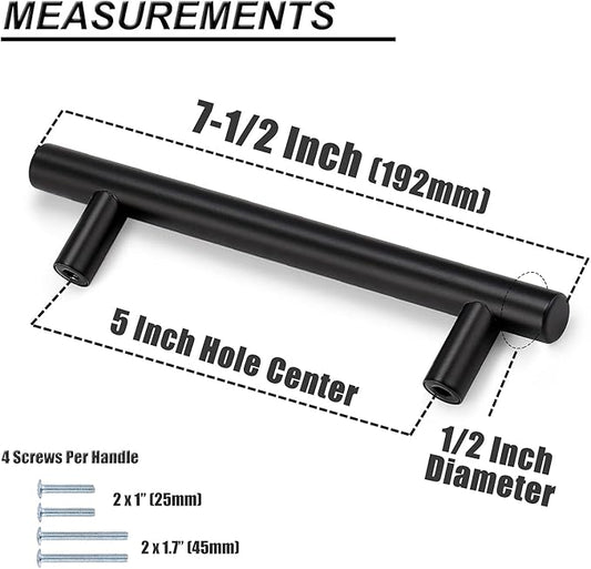Probrico 15 Pack5" Hole Centers Flat Black Modern Cabinet Pulls Drawer Handle Kitchen Cupboard T Bar Dresser Pull Stainless Steel Cabinet Hardware, 7-12 Total Length