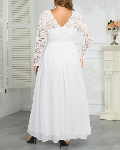 Talisea Plus Size Formal Wedding Dresses - Gowns Evening Prom Elegant V Neck Long Sleeve Lace Chiffon Long Maxi Dress