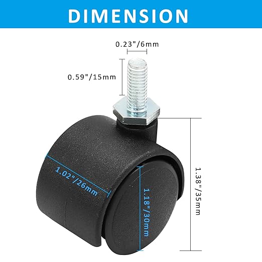 4pcs 1 Inch Swivel Caster Wheels, M6 Threaded Stem Caster Wheels, Heavy Duty Casters, Black Nylon Wheel Replacement for Furniture, Table, Cabinet, Shelf