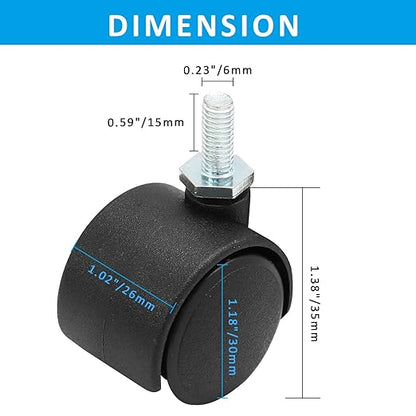 4pcs 1 Inch Swivel Caster Wheels, M6 Threaded Stem Caster Wheels, Heavy Duty Casters, Black Nylon Wheel Replacement for Furniture, Table, Cabinet, Shelf