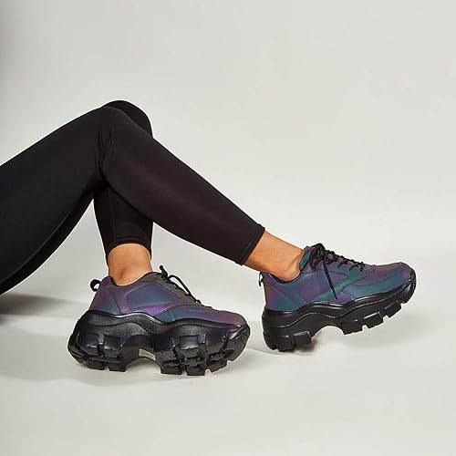 LUCKY STEP Women Chunky Platform Dad Colorblock White Neon Green Fuchsia Hologram Silver Casual Lace-Up Walking Sneakers
