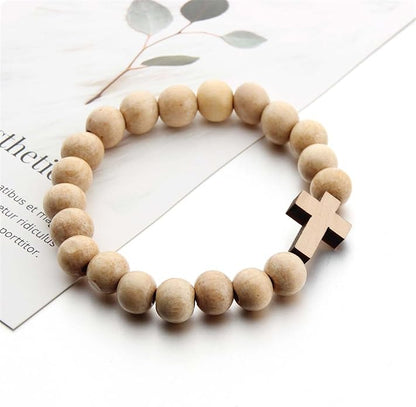 Wooden 10MM Beads Cross Bracelets Boho Handmade Natural Wood Religious Catholic Lightweight Stretch Bracelets for Men Women Ethnic Style Christian Faith Prayer Fashion Jewelry Gifts