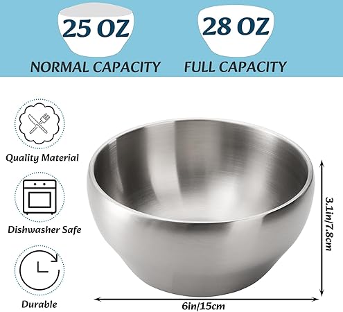 Youeon 3 Pack 28 Oz SUS304 Brushed Stainless Steel Bowls, Double Wall Insulated Bowls, Stainless Steel Soup Bowls, Cereal Bowls, Ice Cream Bowls, 6 inch Bowls Set for Serving, Dishwasher Safe