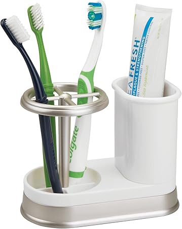 mDesign Decorative Bathroom Dental Storage Organizer Holder Stand for Electric Spin ToothbrushToothpaste - Compact Design for Countertop and Vanity, Holds 4 Standard Brushes - WhiteMatte Satin