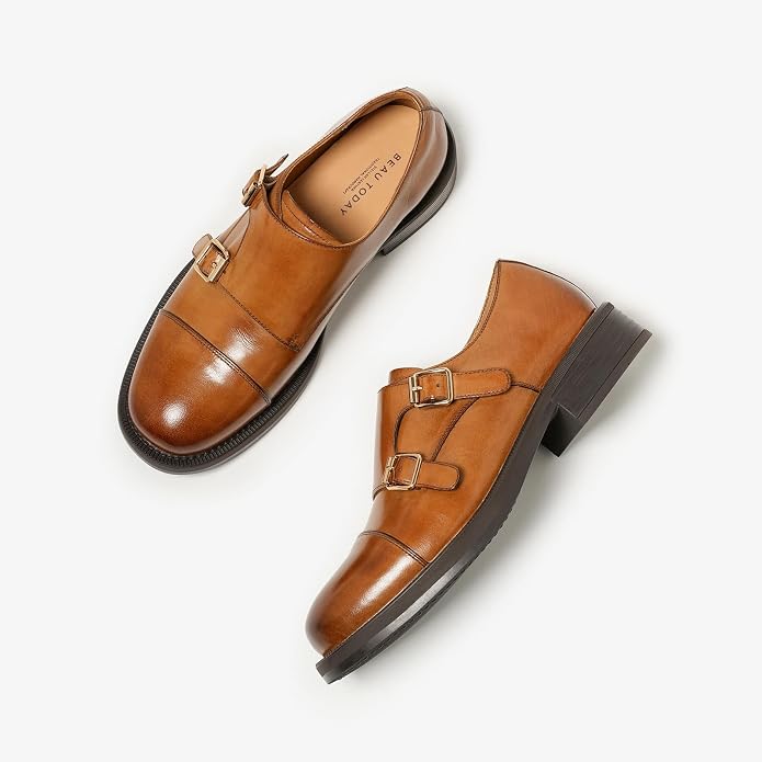 BEAU TODAY Monk Strap Loafers, Womens Leather Loafers, Cap Toe Slip-Ons Waxed Calfskin Loafer Flats for Business Casual Dress Women Shoes