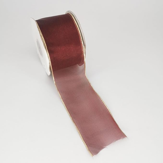 HATIANGE Burgundy Organza Wired Ribbon Gold Lurex Edge Sheer Ribbon, 2.5 Inch x 25 Yards, for Gift Wrapping DIY Xmas Tree Bows Wreaths Craft Decoration