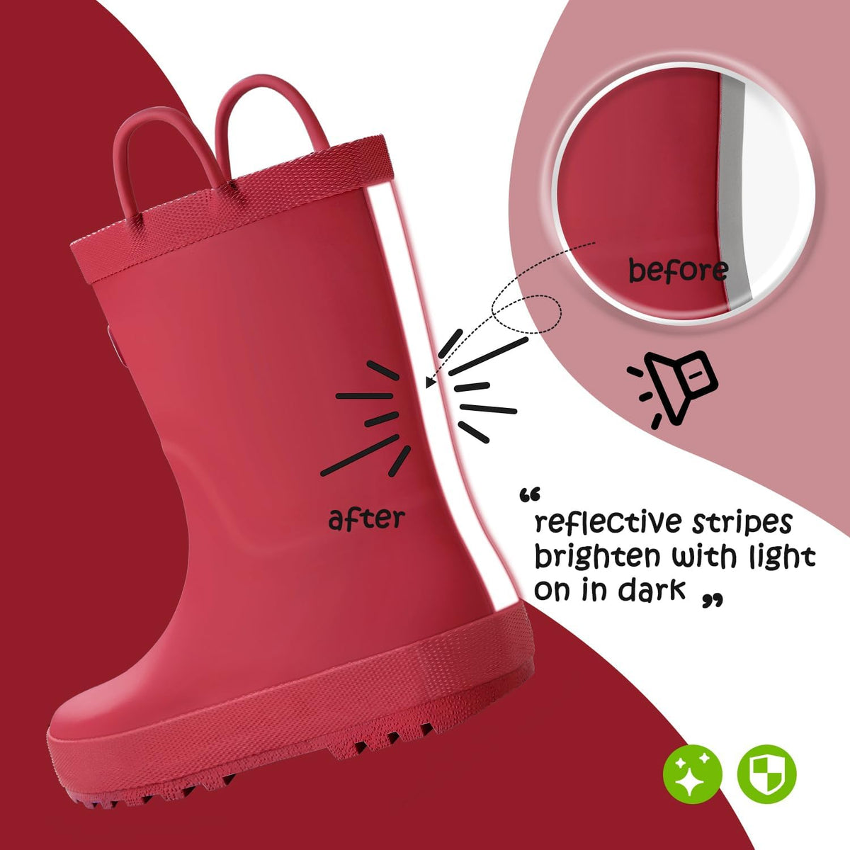 Kids Rain Boots, Waterproof Rubber Matte Boots with Easy-on Handles