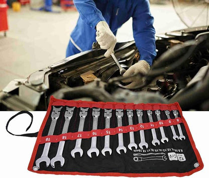 12Pcs Ratcheting Wrench Set, 8?19mm Ratchet Combination Wrenches Set,Metric Combination Chrome Steel 8?19mm with Storage Bag (movable head)
