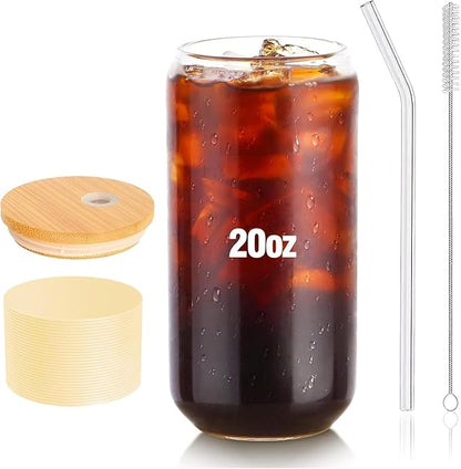 Glass Tumbler with Straw and Lid 20 Oz,Glass Coffee Cups Tall Water Bottle Straw Bamboo Lid Silicone Protective Sleeve Brush- BPA Free -Dishwasher Safety-Pale Yellow
