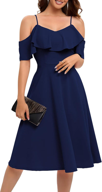 Bbonlinedress Womens Off The Shoulder Cocktail Dress, Formal Wedding Guest Prom Party Homecoming Graduation A-line Midi Dress