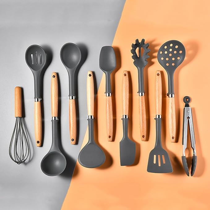 1-piece Egg Whisk Silicone Kitchen Utensils Sturdy Thickened Wooden Handle Cooking Utensils Kitchen Gadgets Spatulas Set for Nonstick Cookware
