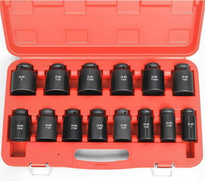 3/4 Inch Drive Deep Impact Socket Set,6-Point,SAE Sizes(1У-2Ф),14 PCS,Cr-Mo Steel,Heavy Duty Impact Sockets for Automotive & Industrial Machinery,With a Storage Case (1-3/4" and 1-1/4" sockets missing)