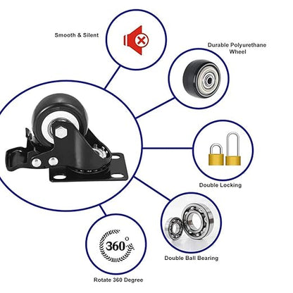 2" Caster Wheels, Heavy Duty Casters with Brake Set of 4, Locking Casters with 360 Degree No Noise Polyurethane (PU) Wheels, Swivel Plate Castors Pack of 4
