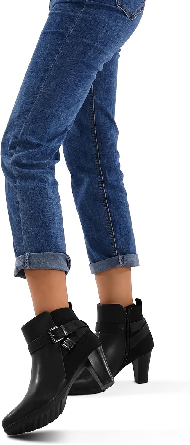 mysoft Women's Zipper Booties Chunky Stacked Heel Ankle Boots Buckle Strap Ankle .