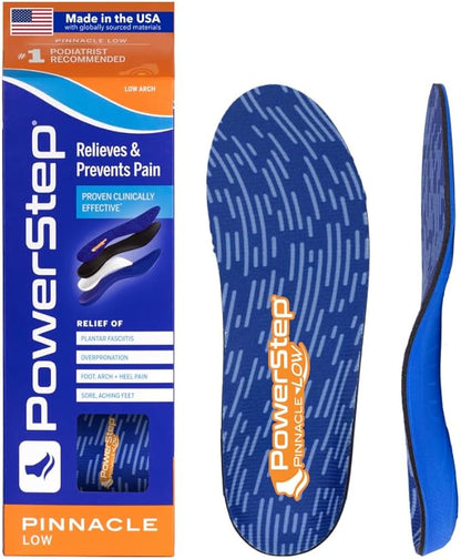 PowerStep Pinnacle Low, PowerStep Insoles, Flat Feet, Plantar Fasciitis Relief, Overpronation, Arch Support, Heel Pain, All Day Comfort, Pain Relief, Made in USA (Men's 9-9.5 / Women's 11-11.5)