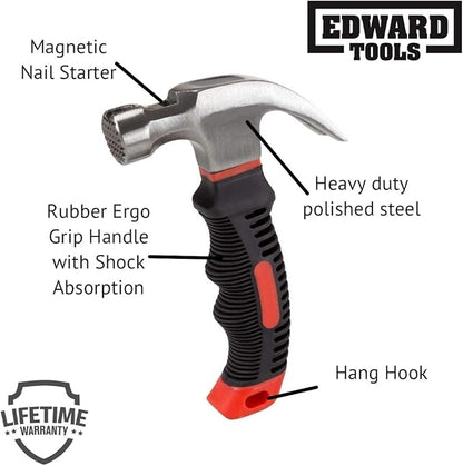 Edward Tools Small Claw Hammer 8 oz. with Magnetic Nail Starter - Polished Heavy Duty Steel Head - Ergo Rubber Grip Handle - Mini Hammer for Home, DIY, Camping, Kids, Tent Stakes
