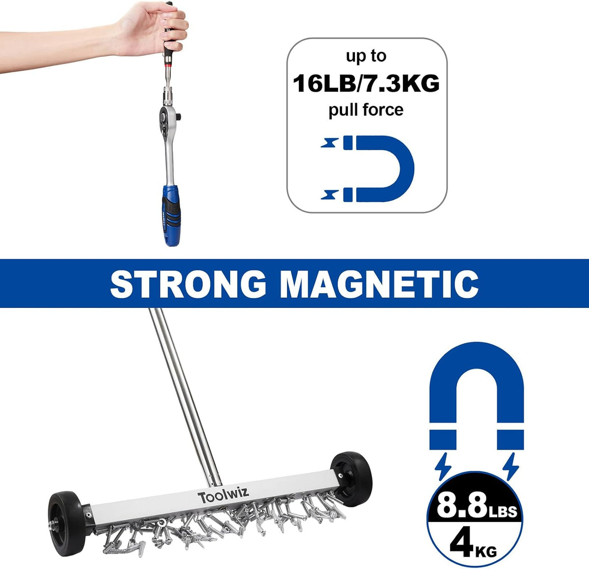Toolwiz 17" Rolling Magnetic Sweeper 8.8lbs, with 16 lbs Telescopic Magnetic Pick Up Tools (all included)