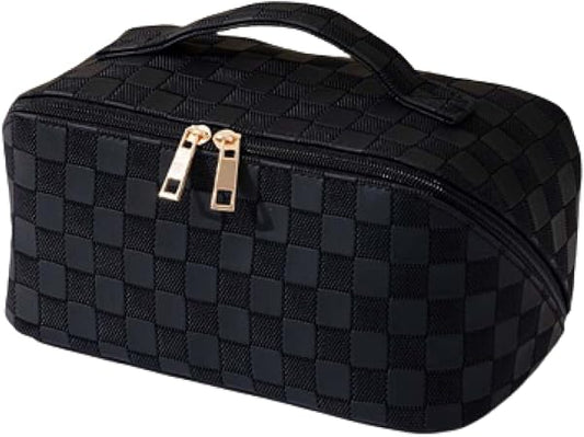 Makeup Bag, Wash Bag, Checkerboard Pattern Makeup Bag, Large Capacity Waterproof Storage Bag, Portable Cosmetic Bag, Women's Makeup Bag Black