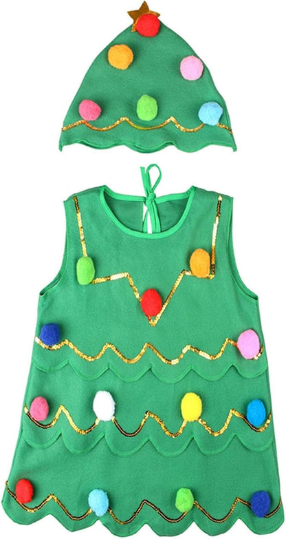 Cute Christmas Tree Costume for Kids,Green Pompom Xmas Tree Dress with Hat,Toddler Girl Christmas Cosplay Dress Up