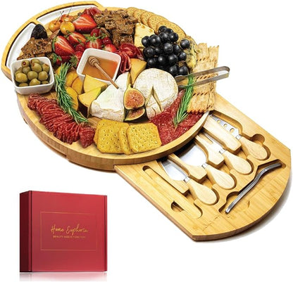 Round Cheese and Charcuterie Board Set - 13", Round Charcuterie Board, Bamboo Cheese Board and Knife Set, Beautiful Charcuterie Gift for Mom, Round Cheese Board Set, Circle Charcuterie Board Round